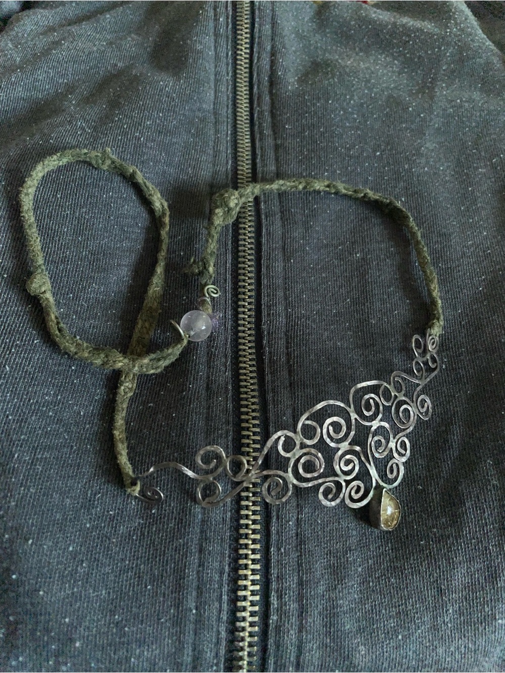 Handcrafted Swirl Metal Pendant Necklace with Olive Green Cord